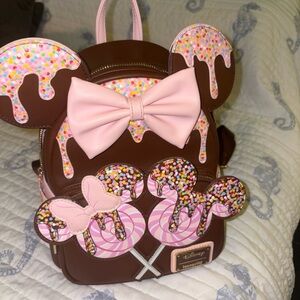 Disney Sprinkles Loungefly backpack Candy pink brown bows Minnie ears lollipop